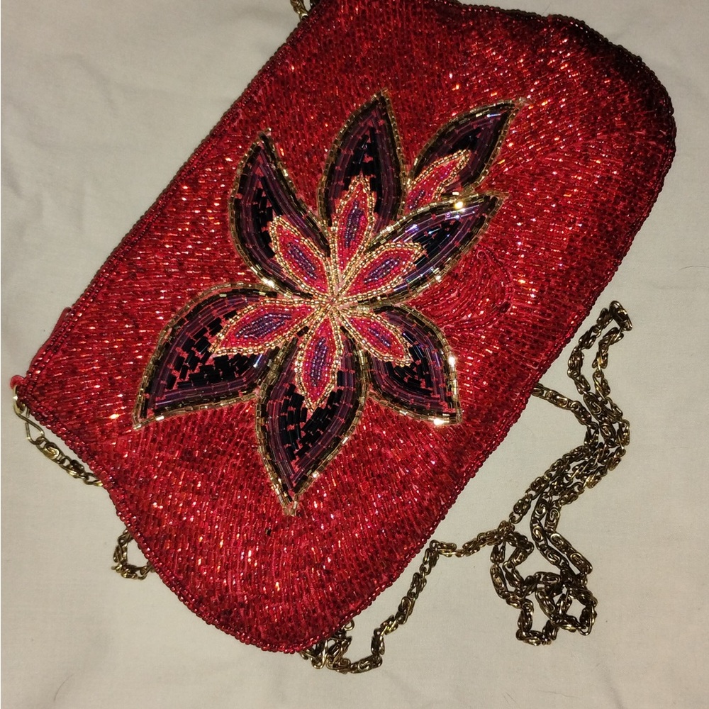 Red Beaded Floral Evening Bag